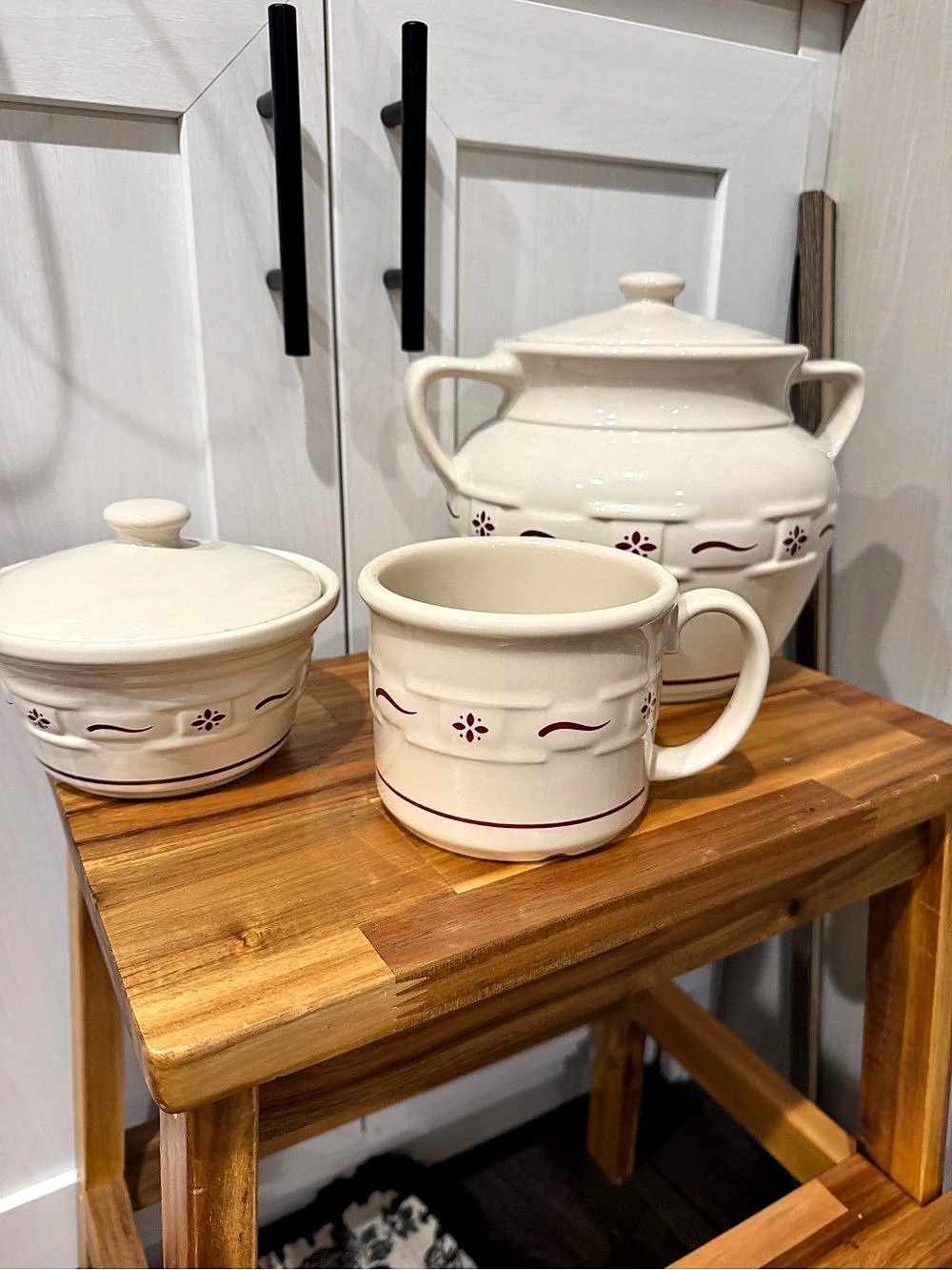 Longaberger Woven Traditions Red cookie jar with lid, mug and bowl with lid.